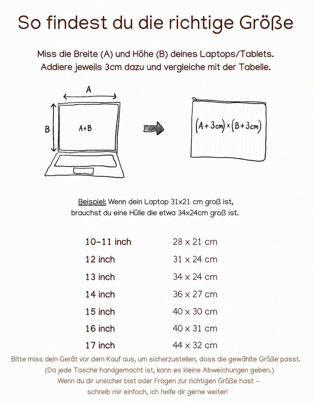 Größentabelle Laptoptasche 11 bis 17 Zoll mit Messanleitung
