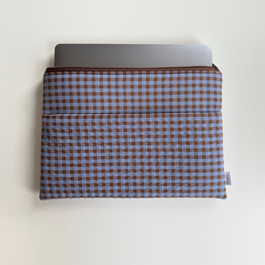 Laptoptasche kariert braun/hellblau mit Außenfach, handgemacht